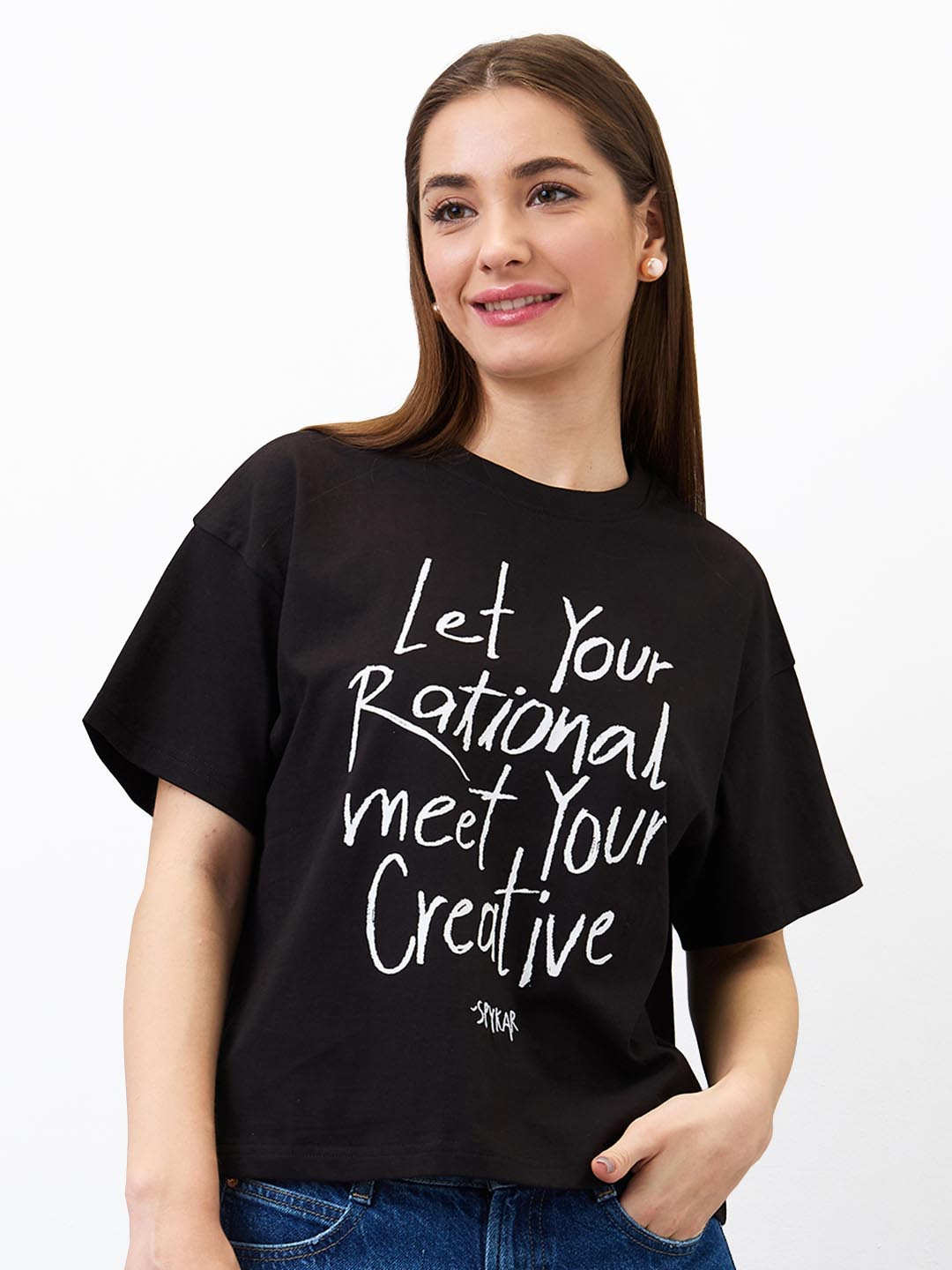 SPYKAR Women Typography Printed Round Neck Cotton Boxy T-shirt