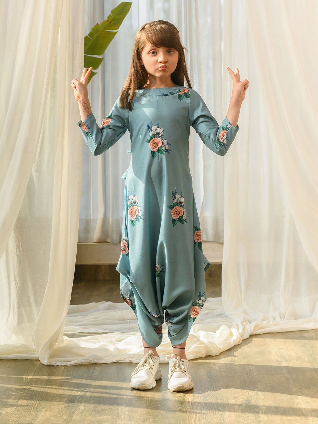 Pasha Girls Printed Dusty Teal Dhoti Jumpsuit