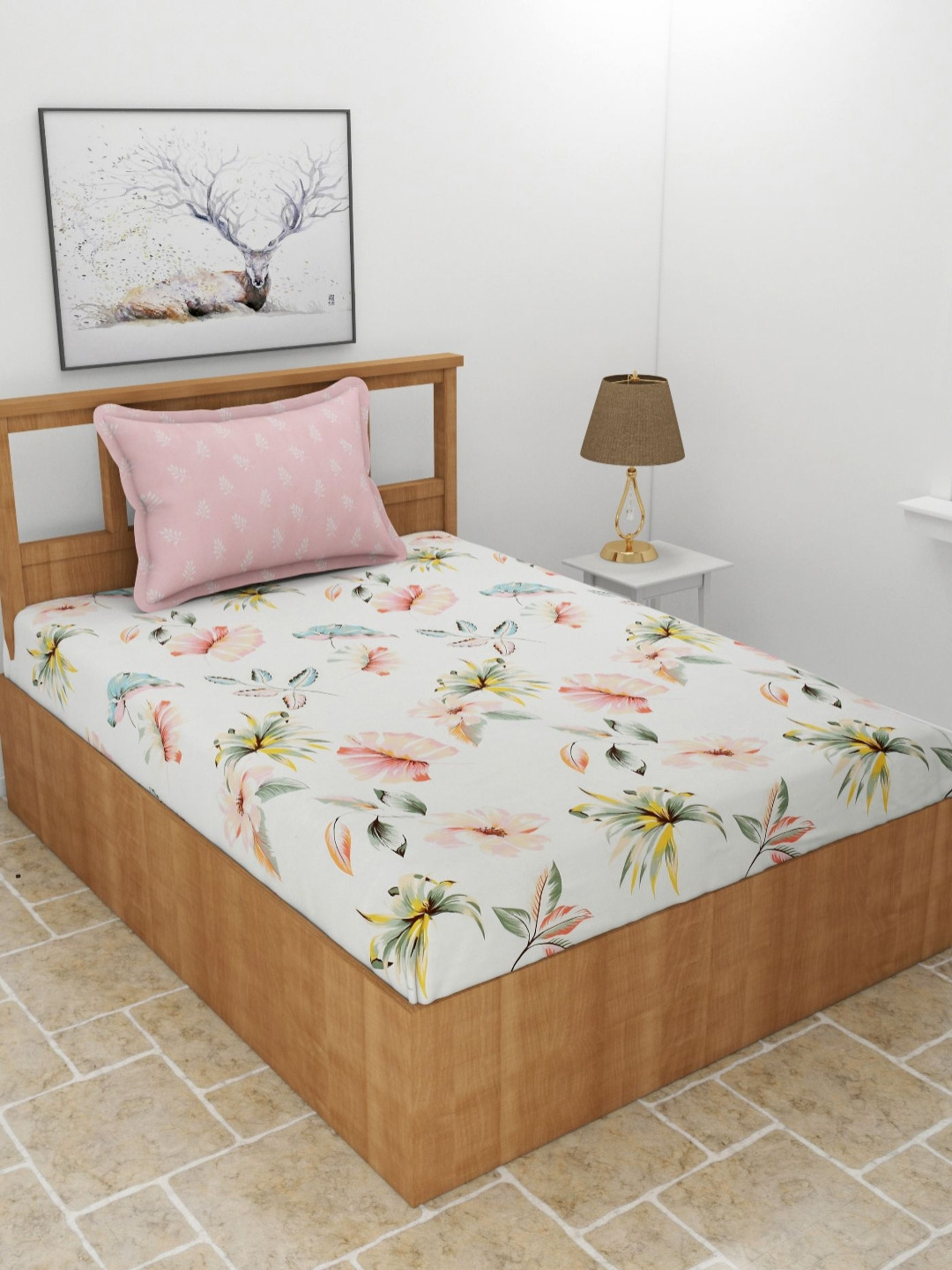 MORADO White Floral Polycotton 210 TC Single Bedsheet with a Pillow Cover-62 x 93 inches