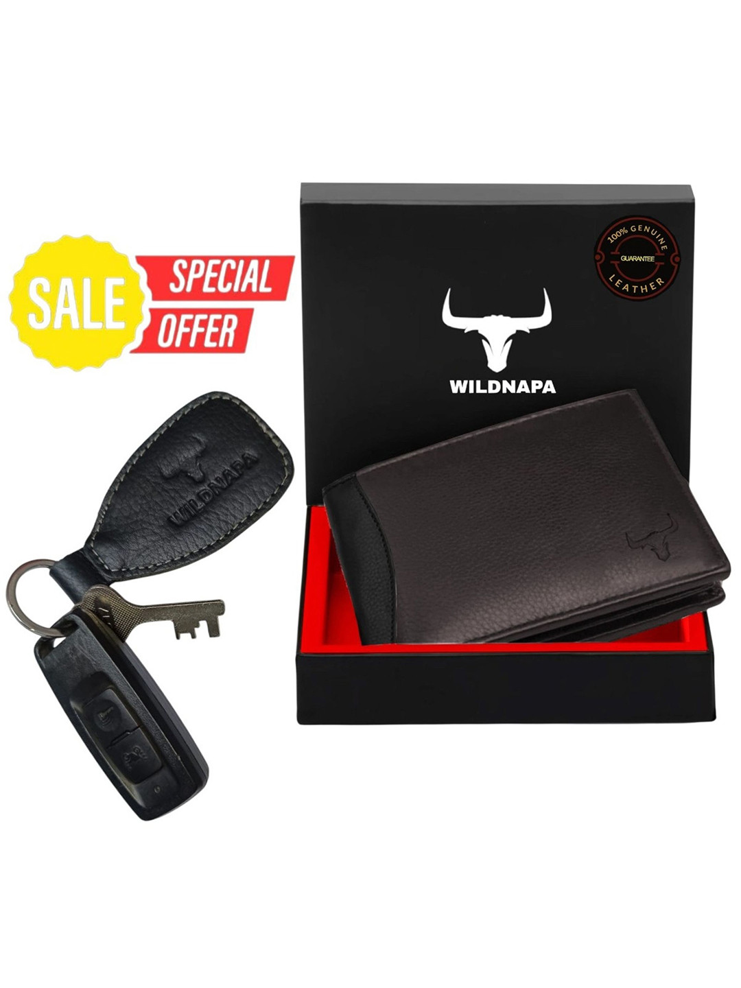 WILDNAPA Men Accessory Gift Set of Leather Wallet With Key Chain