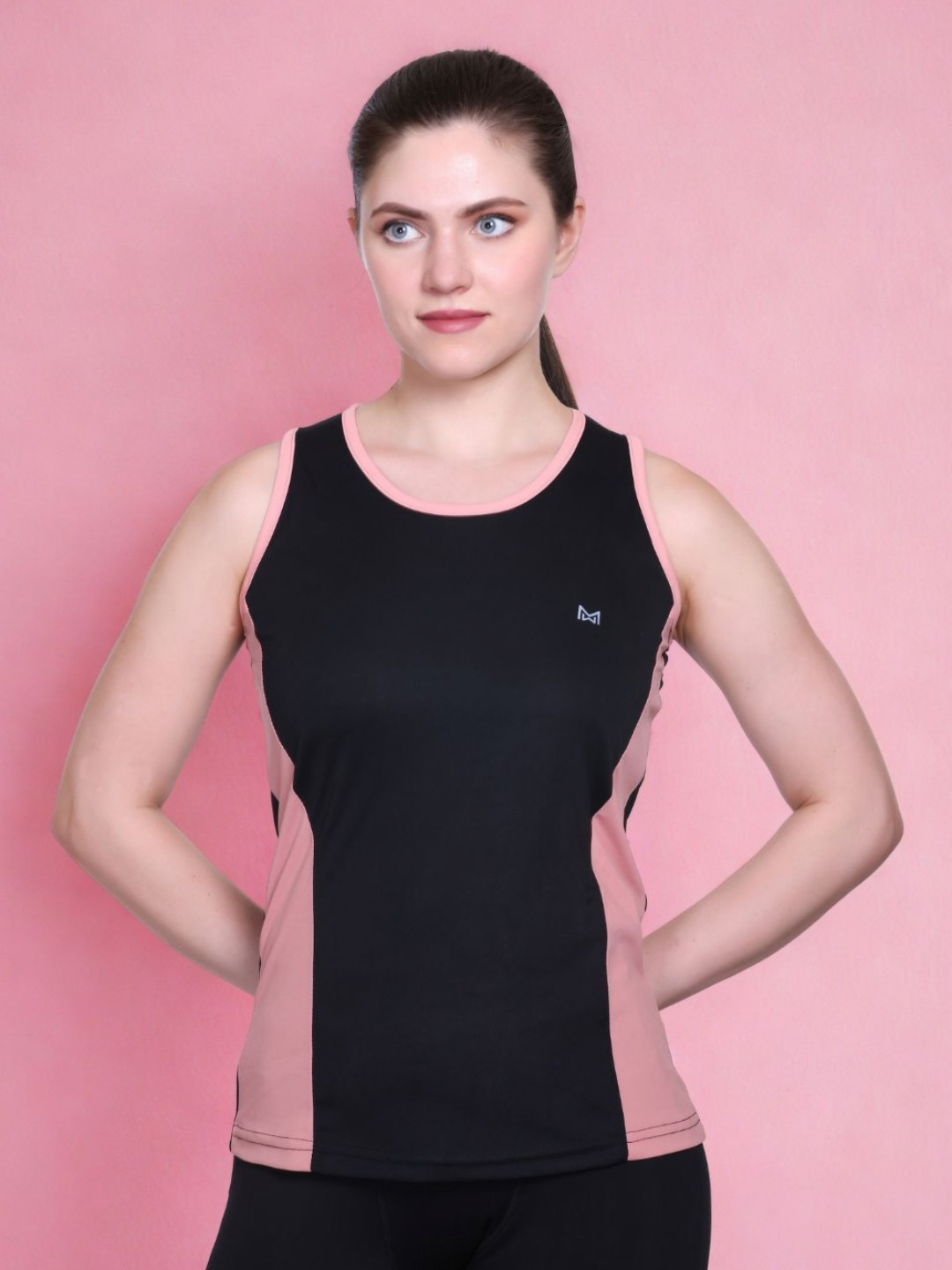 White Moon Colourblocked Sleeveless Round Neck Regular Fit Sports T-shirt