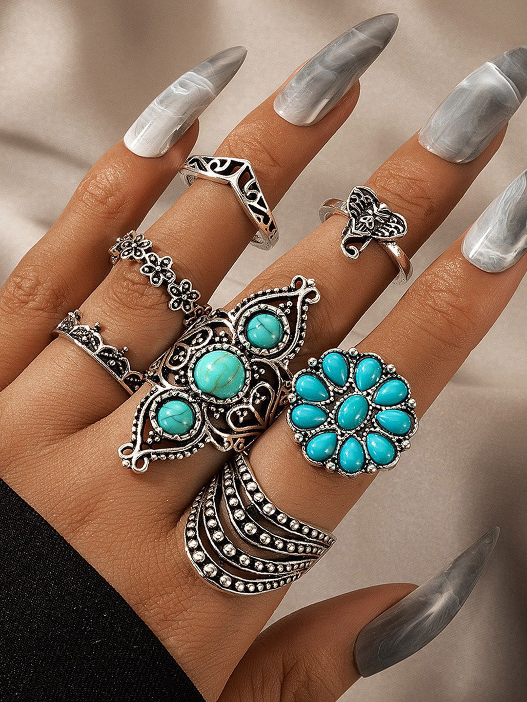 Arzonai 7 Pcs turquoise retro elephant geometric graphic Ring set