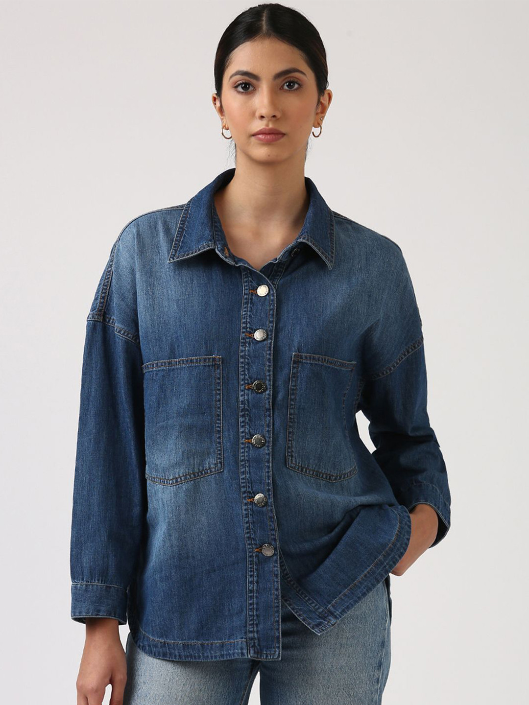 Jolene.club Women Spread Coller Relexed Fit Denim Shirt