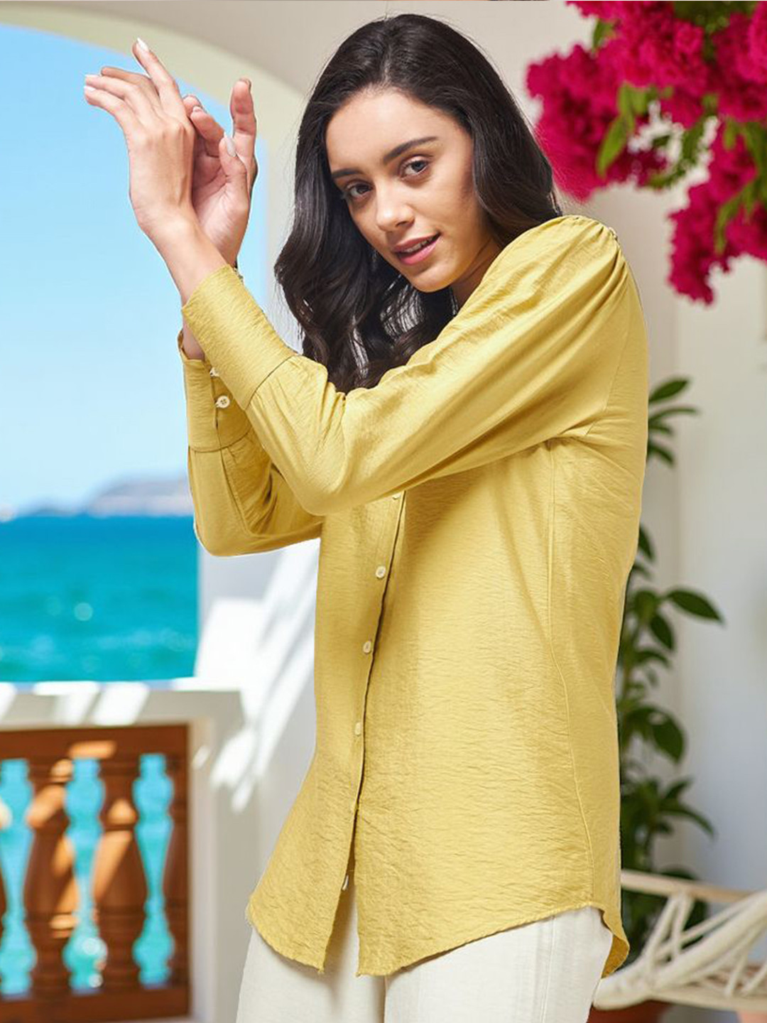 Zima Leto Women Solid Pleated Front Shirt Top