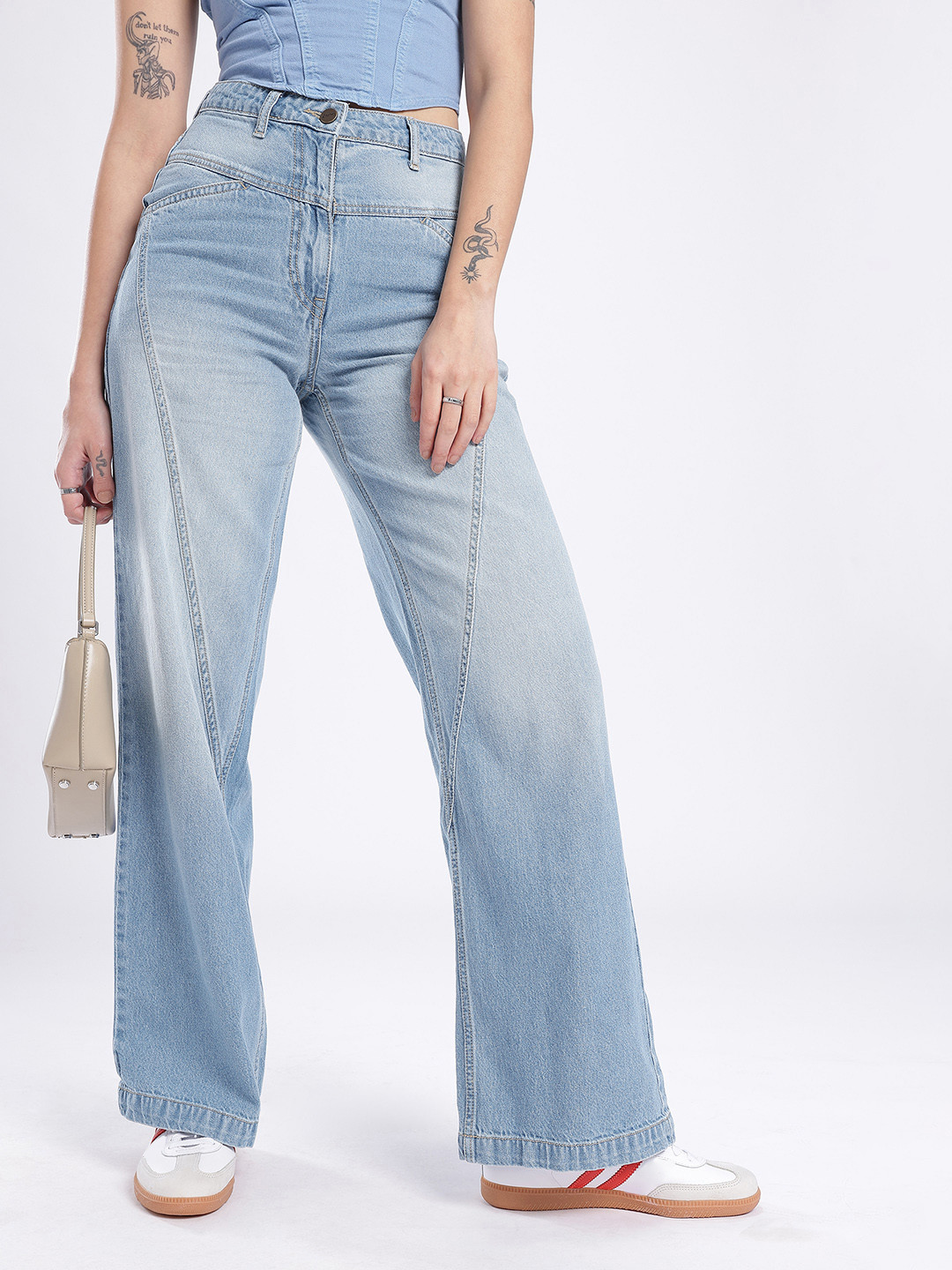 glitchez Women Paneling Wide Leg High-Rise Light Fade Jeans