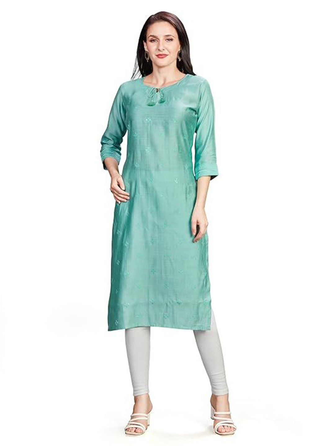 Nioni Geometric Embroidered Tie-Up Neck Sequinned Roman Silk Straight Kurta