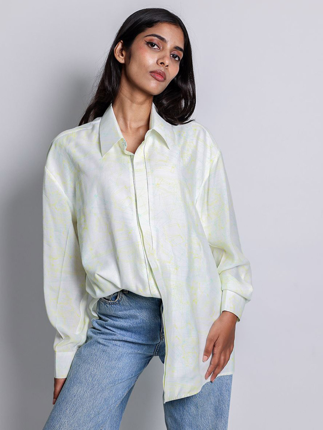 Arya Giri Geometric Printed Long Sleeves Silk Shirt