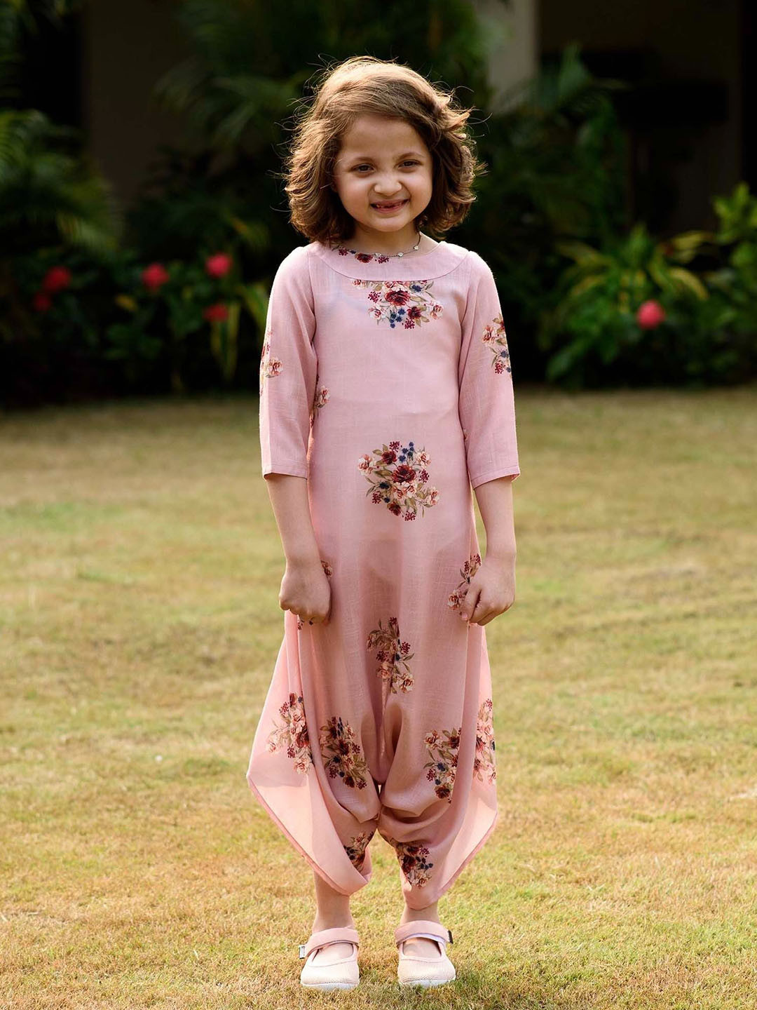 Pasha Girls Printed Carnation Pink Dhoti Jumpsuit