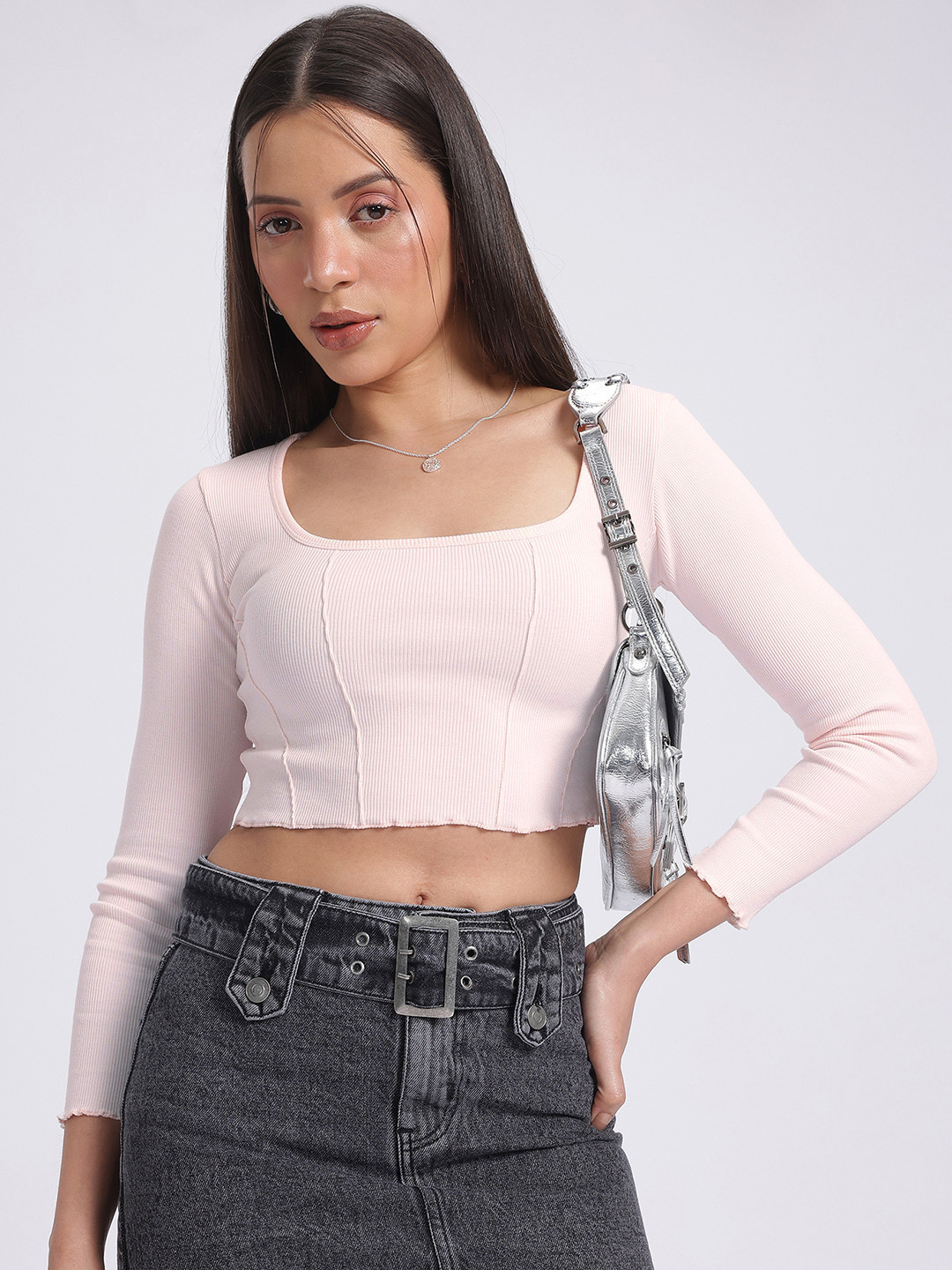 glitchez Ribbed Knit Upturn Stitch Crop Top