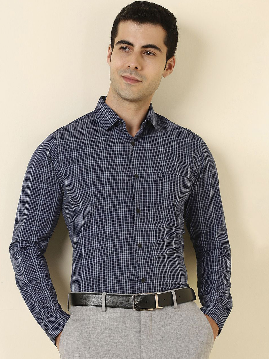 Allen Solly Windowpane Checked Spread Collar Slim Fit Cotton Formal Shirt