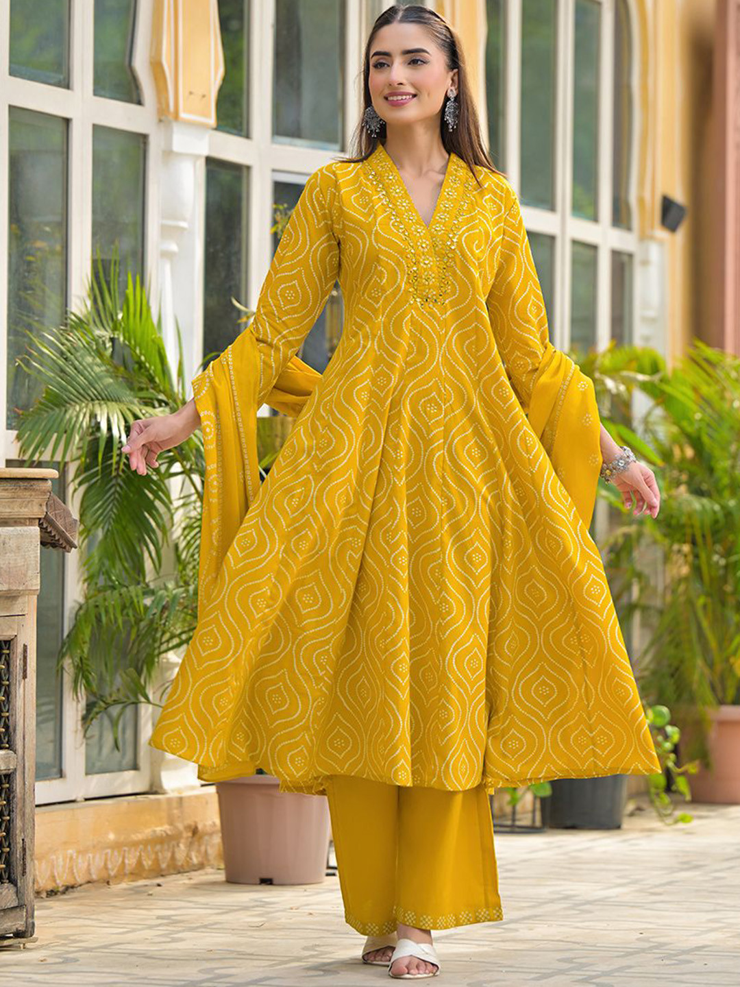 ARAVALII Bandhani Printed Mirrror Work Pure Cotton Anarkali Kurta With Trousers & Dupatta
