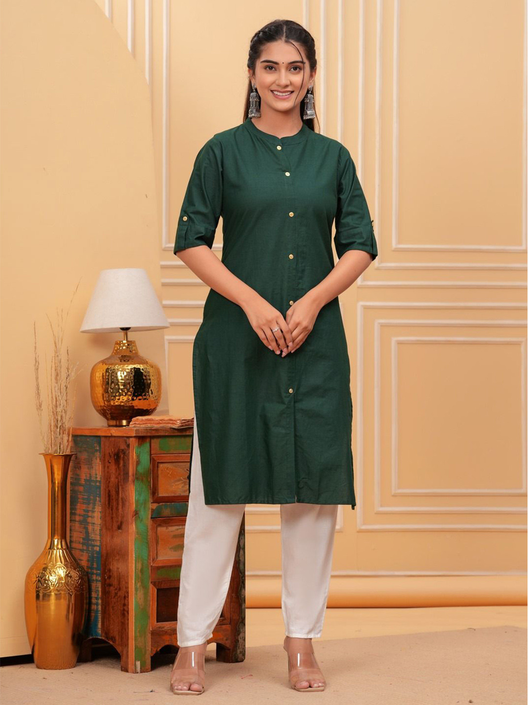 CANVIR Mandarin Collar Pure Cotton Roll Up Sleeves Straight Kurta