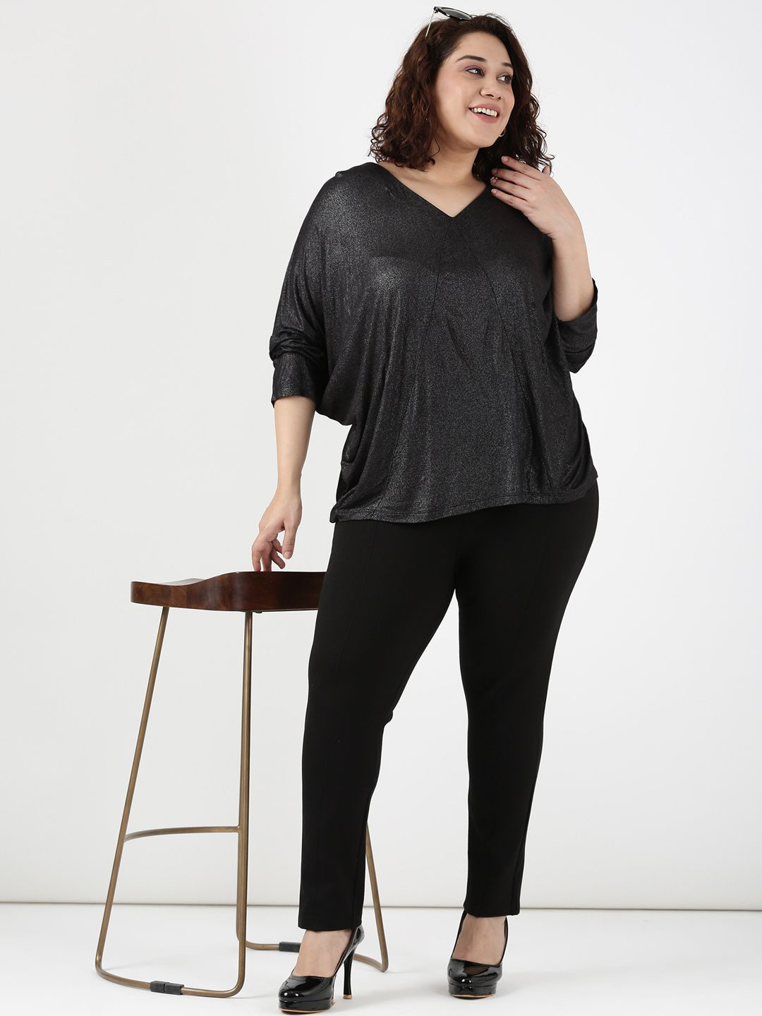 The Pink Moon Women Plus Size Black Shimmer Three-Quarter Sleeves Top