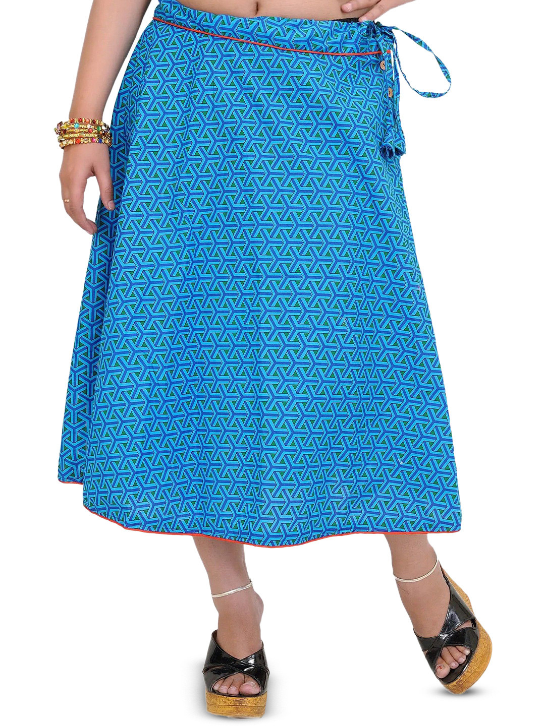 Exotic India Drawstring Printed Midi Skirt With Piping