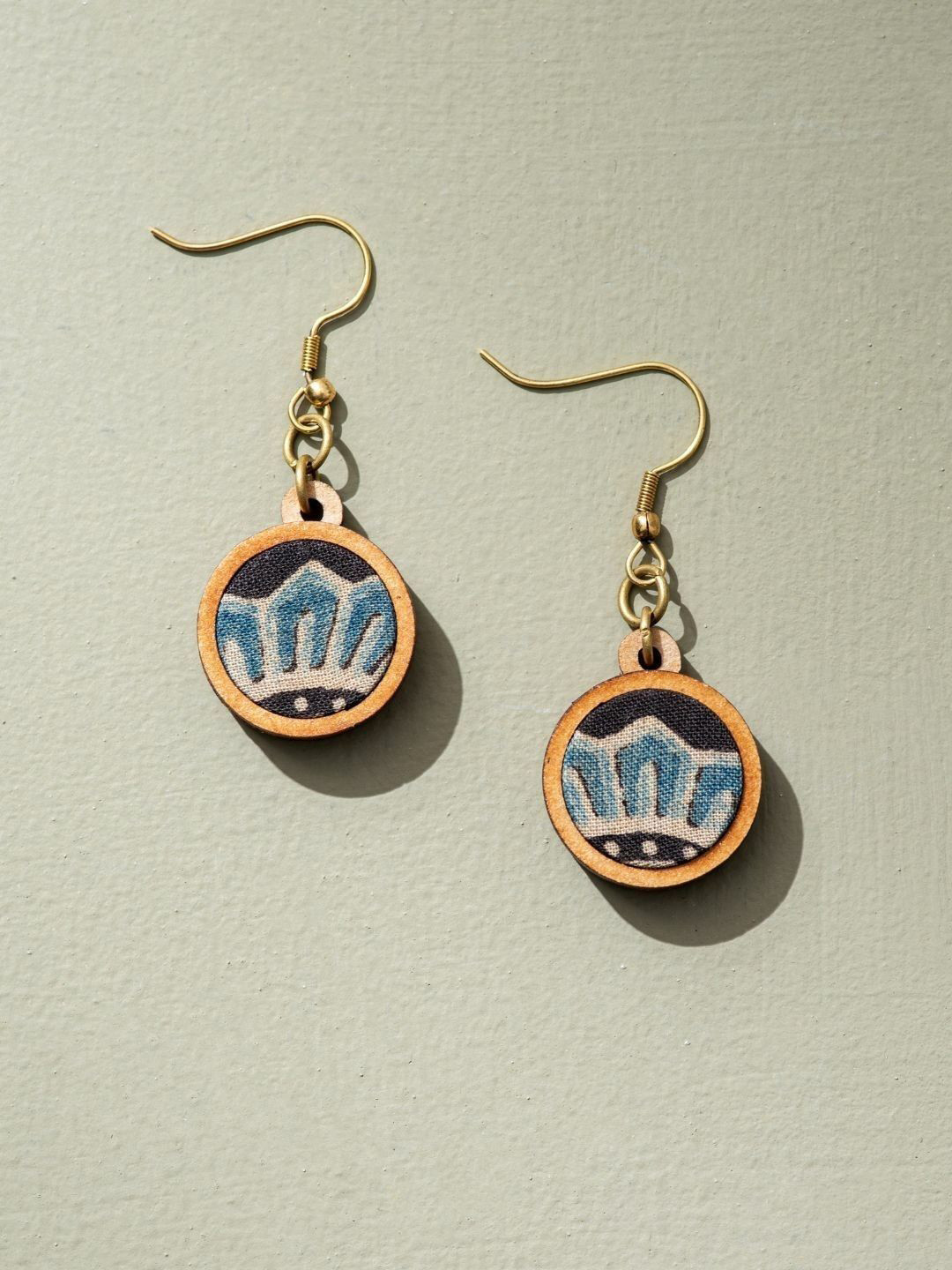 WHE Ajrakh Fabric And Repurposed Wood Circular Shaped Drop Earrings