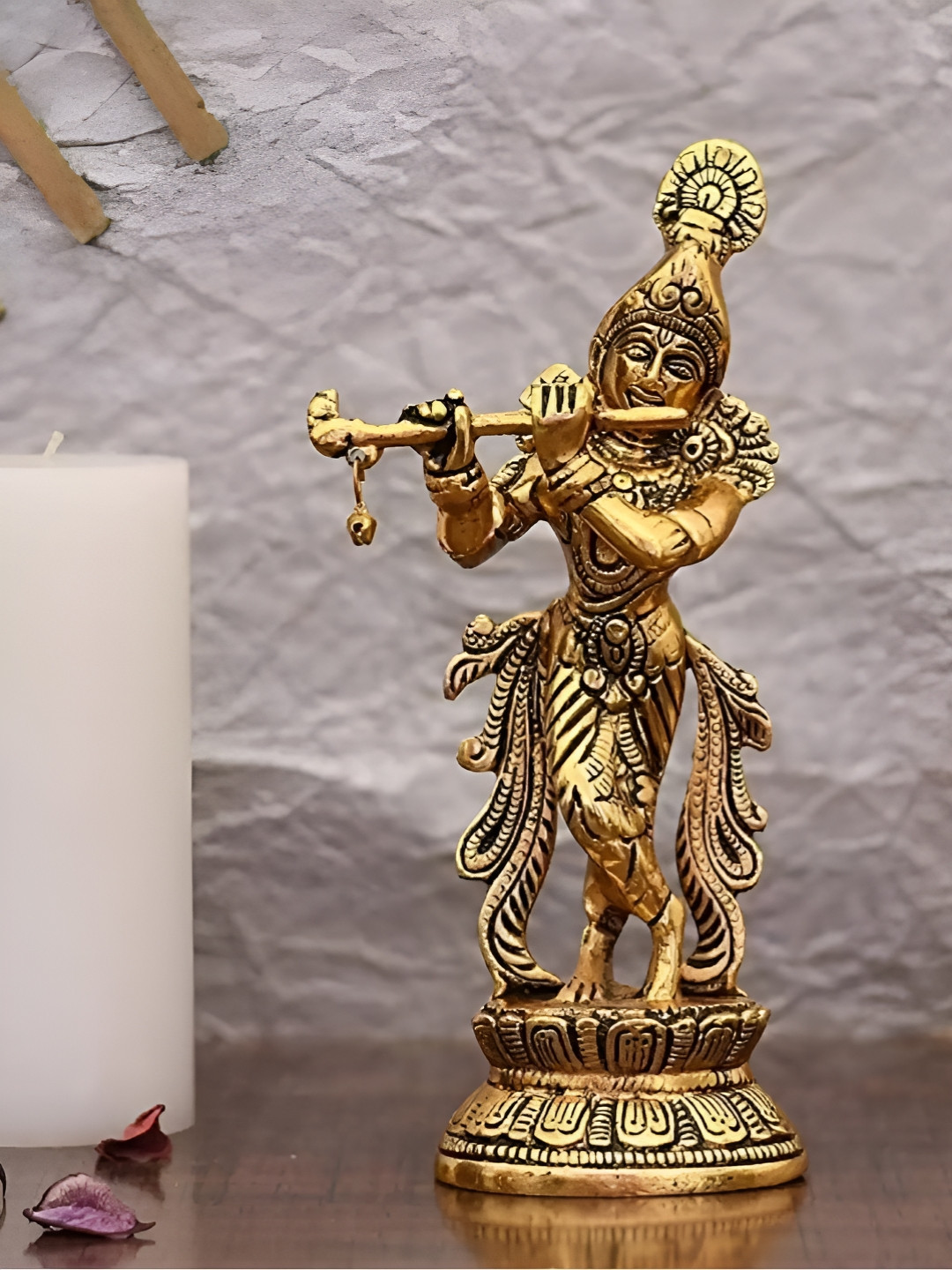 Aura Bansuri Krishna Gold Metal Metallic Prayer Room Medium Showpiece - 9.1 Inches