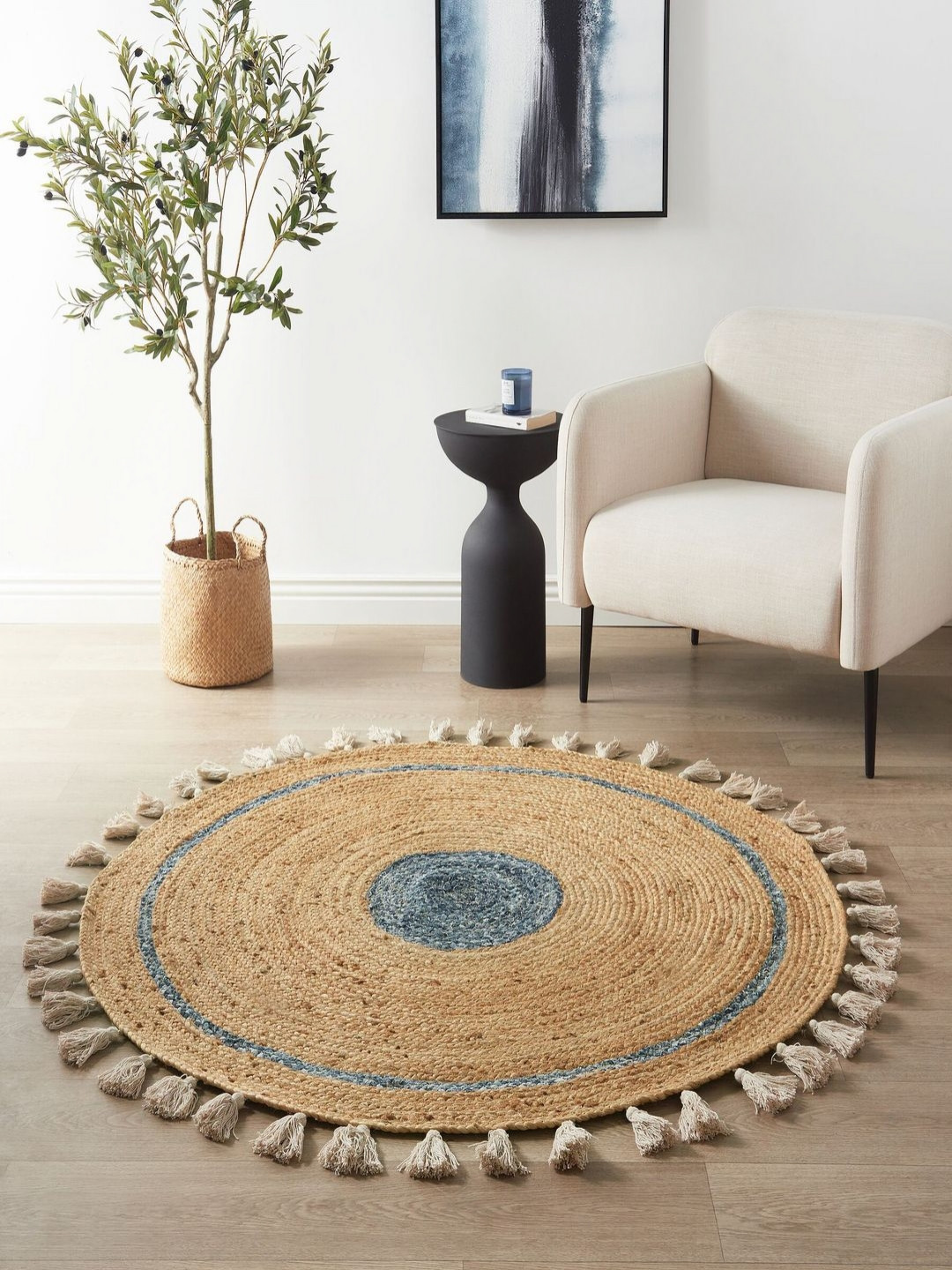 THEGASBH Beige Geometric Braided Contemporary Round Jute Carpet