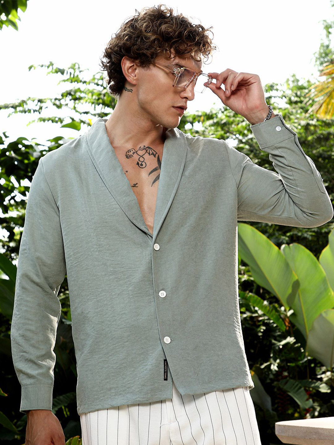 Campus Sutra Comfort Self Design Shawl Collar Oversized Shirt