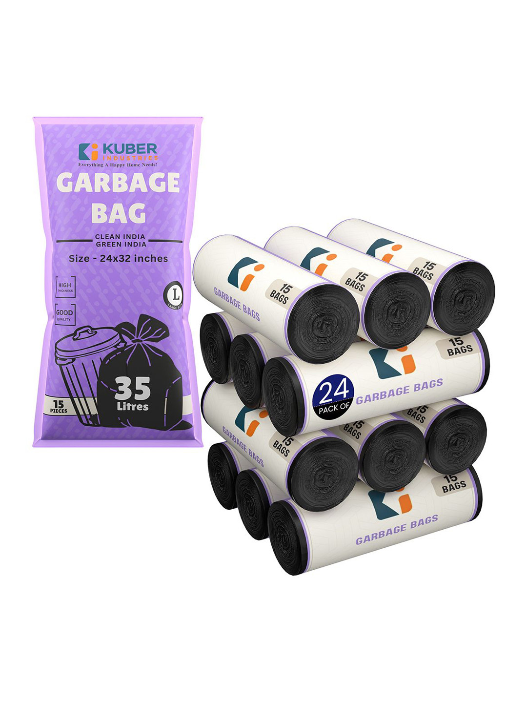 Kuber Industries 24-Pcs Black Premium Garbage Bags For Dustbin - 360 Bags