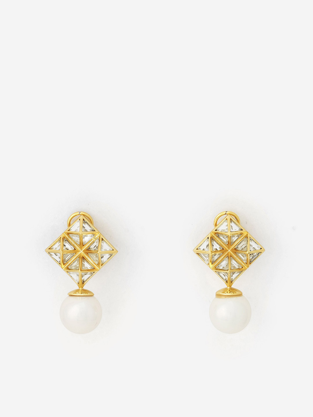Isharya 18Kt Gold Plated Contemporary Pearl & Mirror Pyramid Drop Earrings