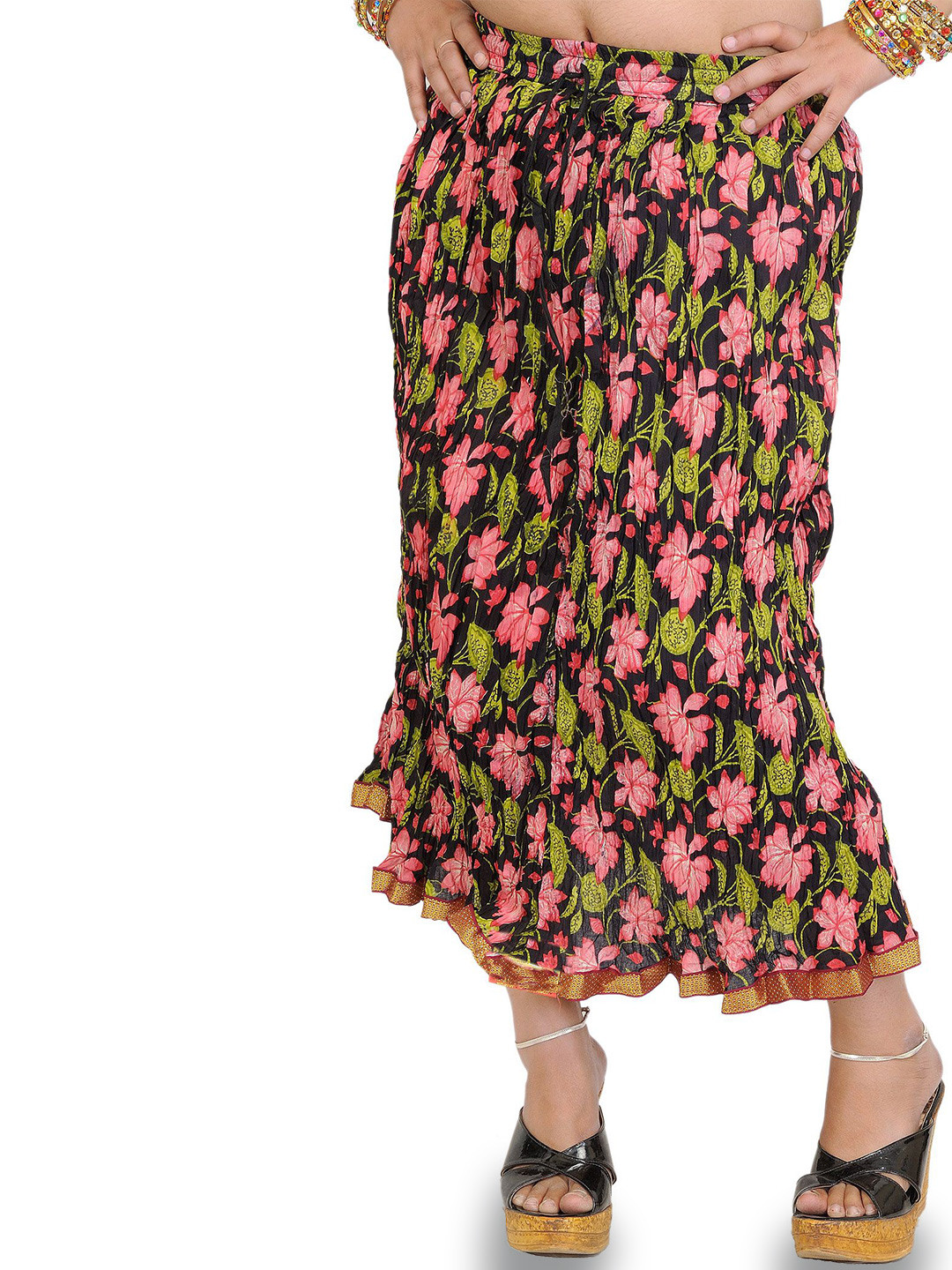 Exotic India Crinkled Midi-Skirt With Printed Flowers & Gota Border