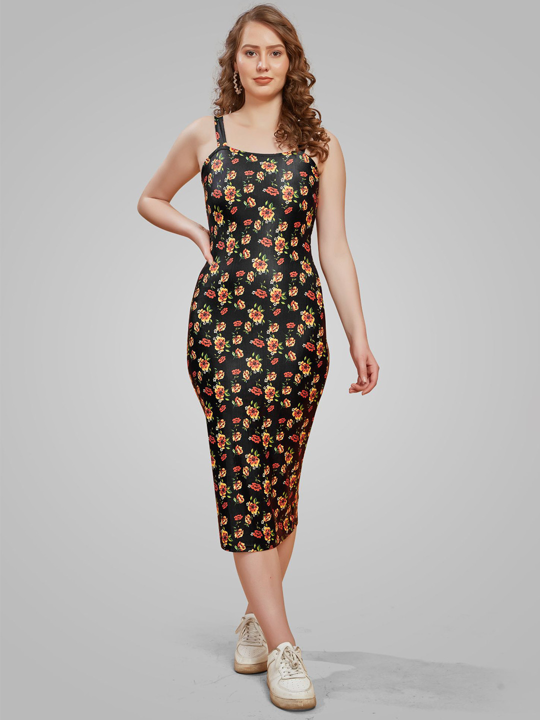 Attire Empire Floral Print Slit Bodycon Midi Dress