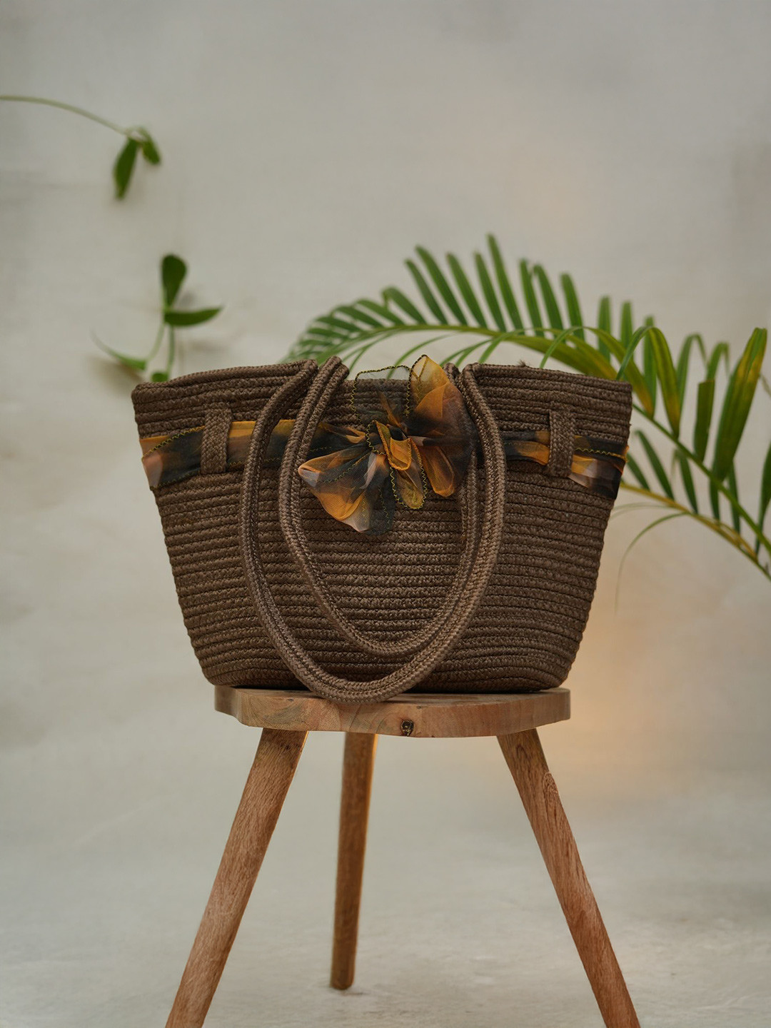 Ariya Women Brown Cotton Blend Handbag with Ribbon