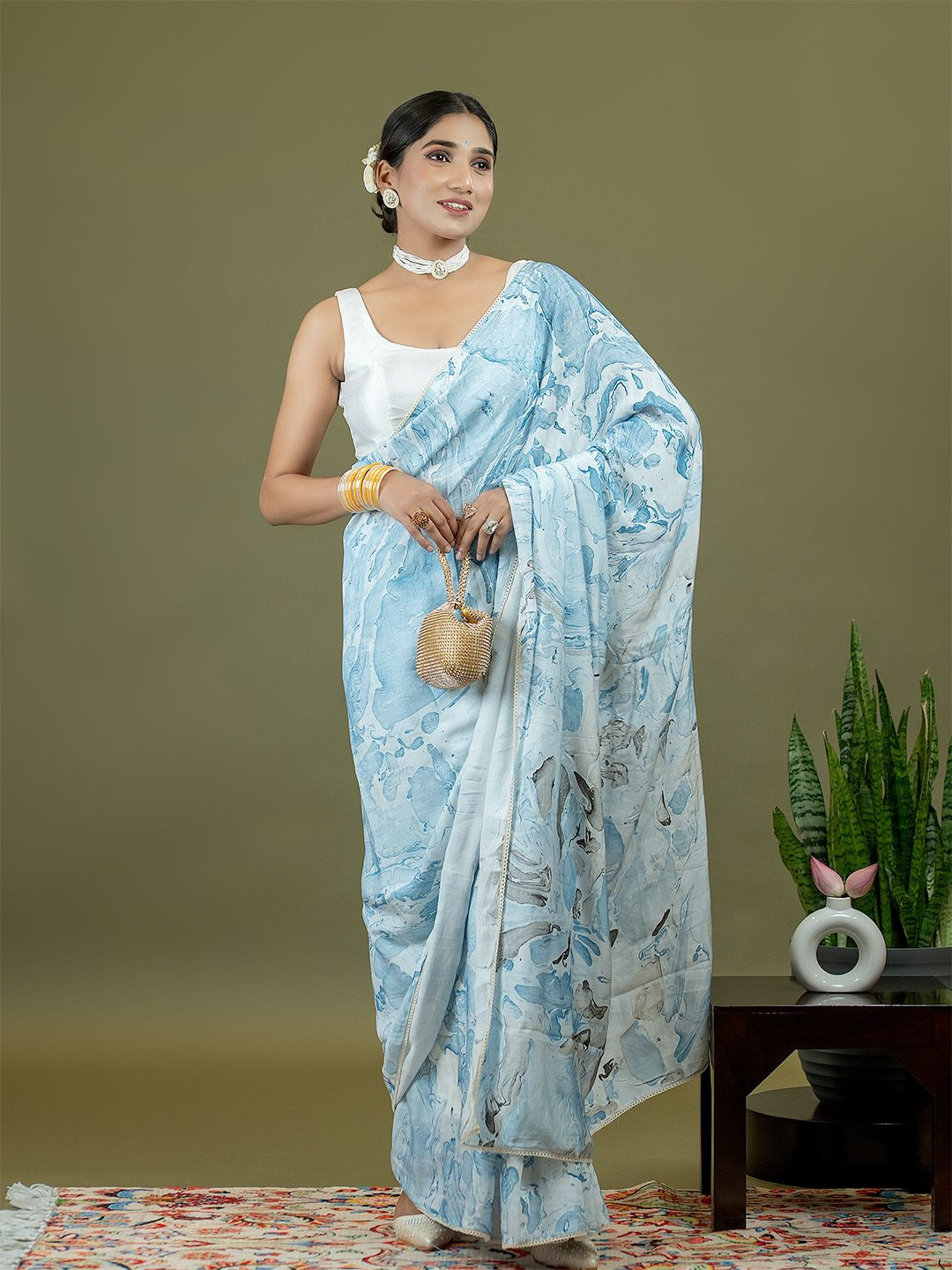 Ushvii Marble Printed Liva Saree With Unstiched Blouse Piece