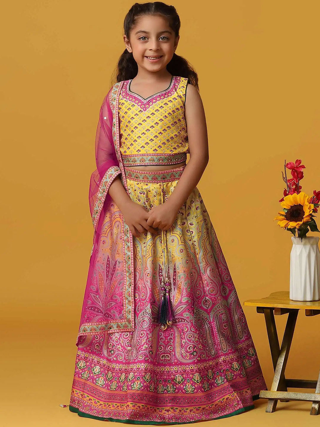 BAESD Girls Printed Beads and Stones Tie Dye Ready to Wear Lehenga & Blouse With Dupatta