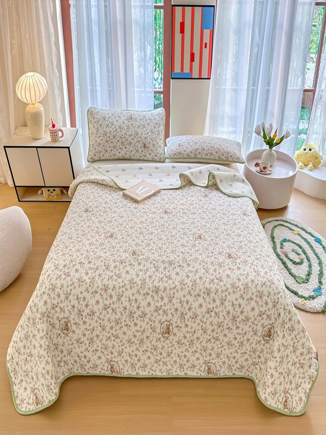 JC HOME Green & Pink Printed Double Bed Queen Cover With Pillow Covers