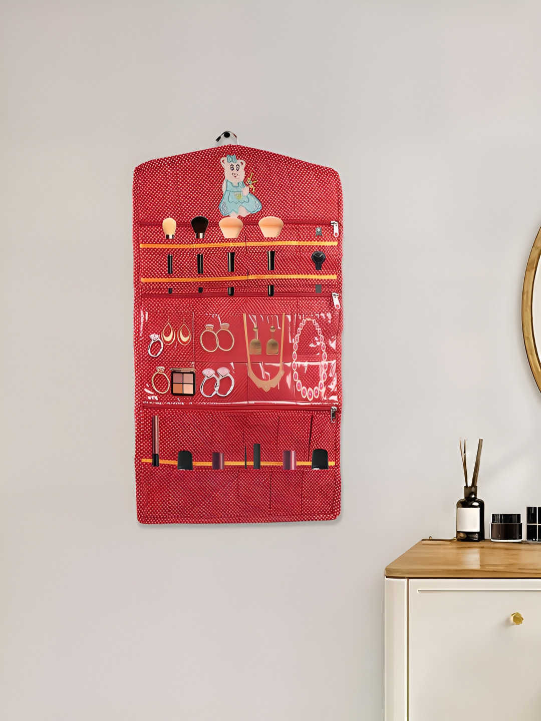 Aura Red Cotton Hanging Jewellery Organizer Storage Bag with Zip