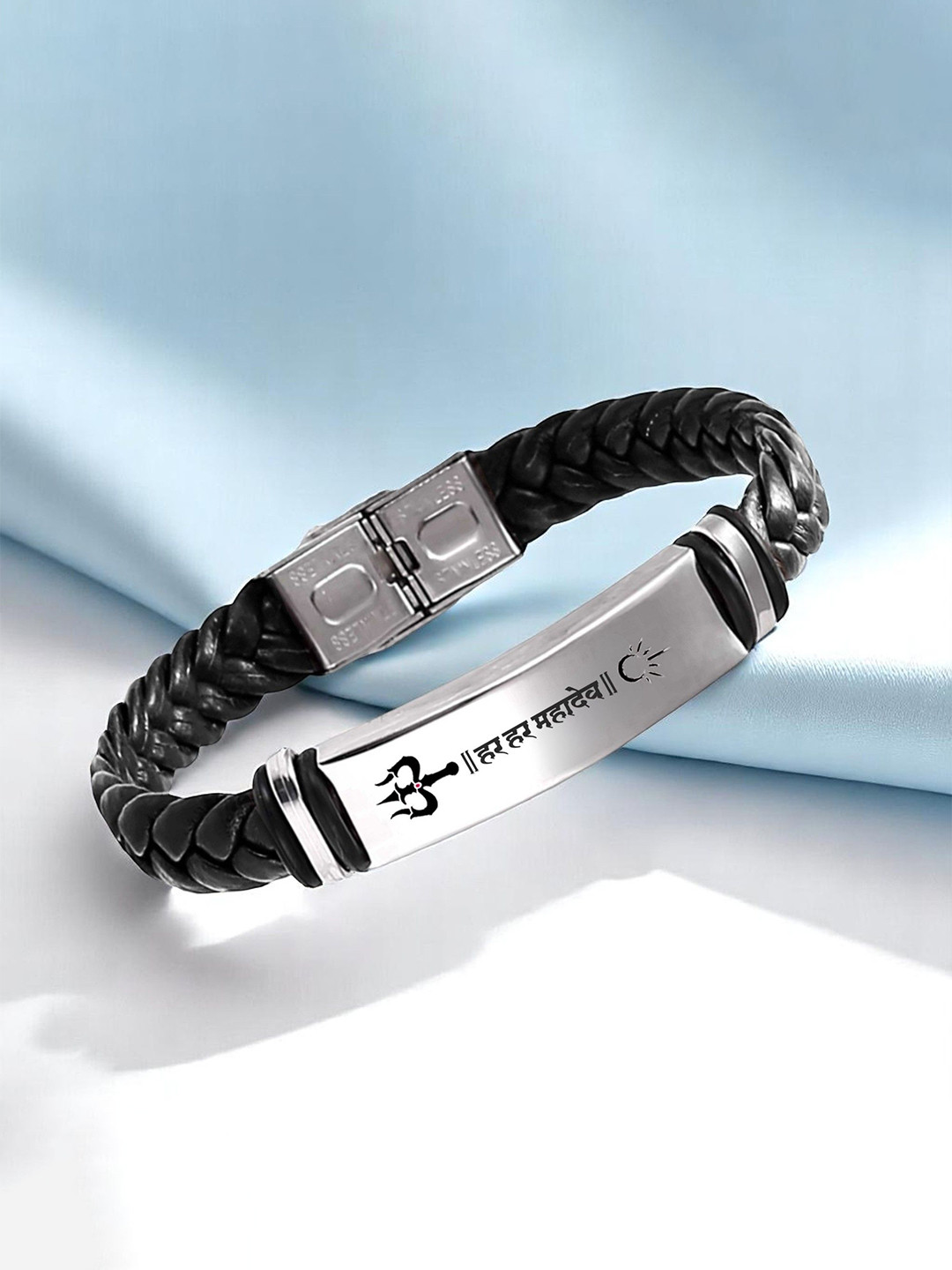 M Men Style Har Har Mahadev Printed Stainless Steel & Braided Leather Wraparound Bracelet