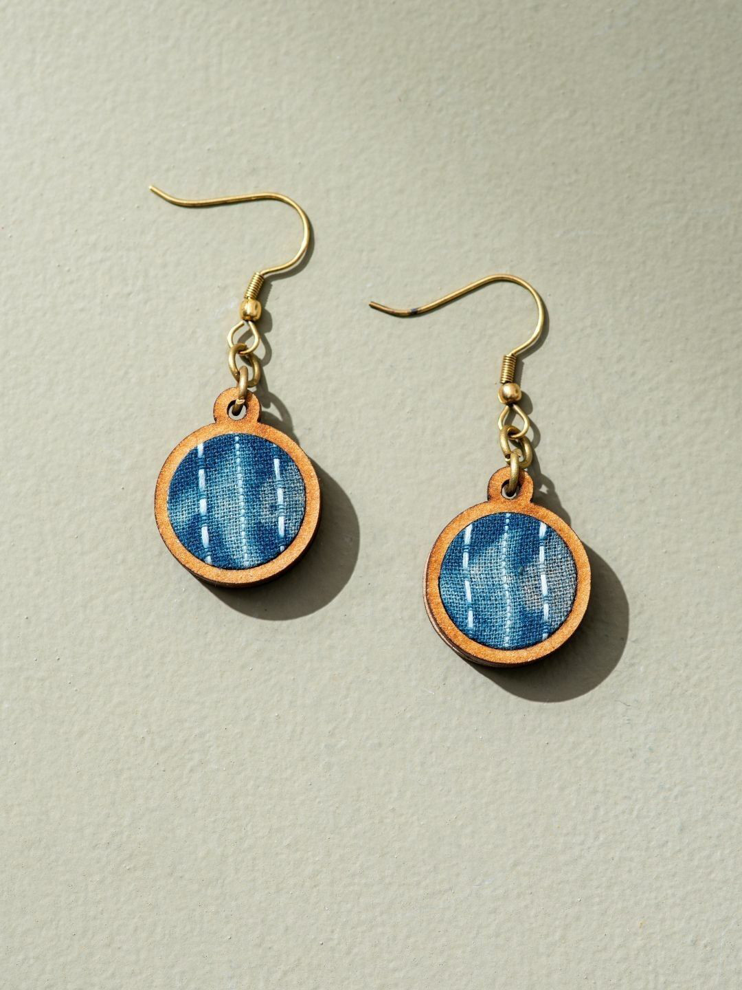 WHE Kantha Batik Fabric And Repurposed Wood Circular Shaped Drop Earrings