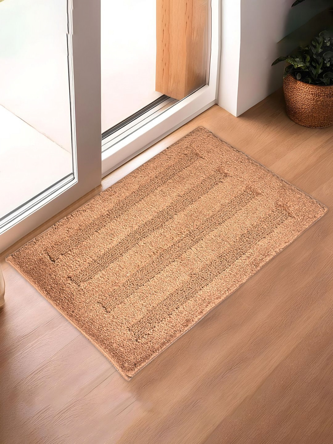 Aura Beige Striped Microfiber Ultra Absorbent Bath Mat