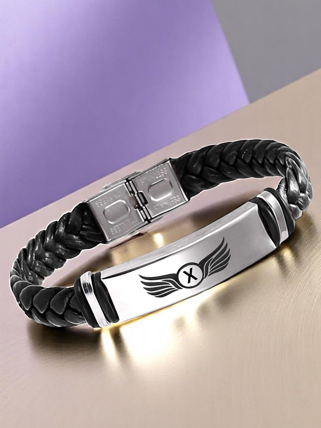 M Men Style X Letter Printed Stainless Steel & Braided Leather Wraparound Bracelet
