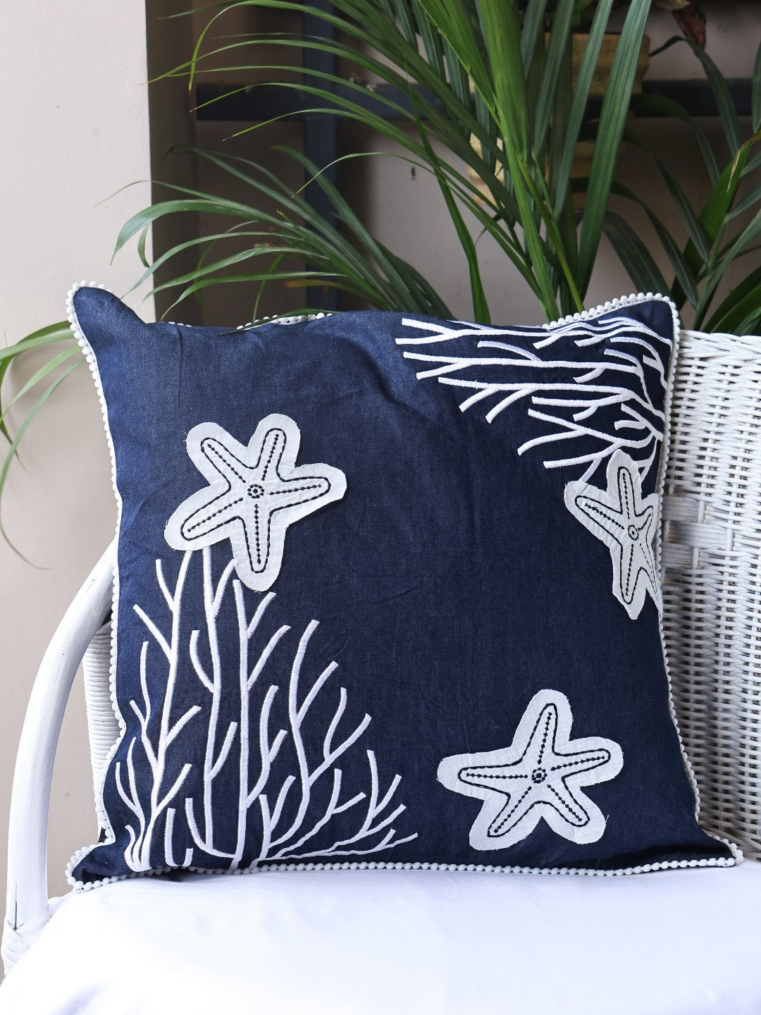 Sangria Ocean Tales Blue Floral Denim Washable Embroidered Cushion Cover - 16 x 16 Inches