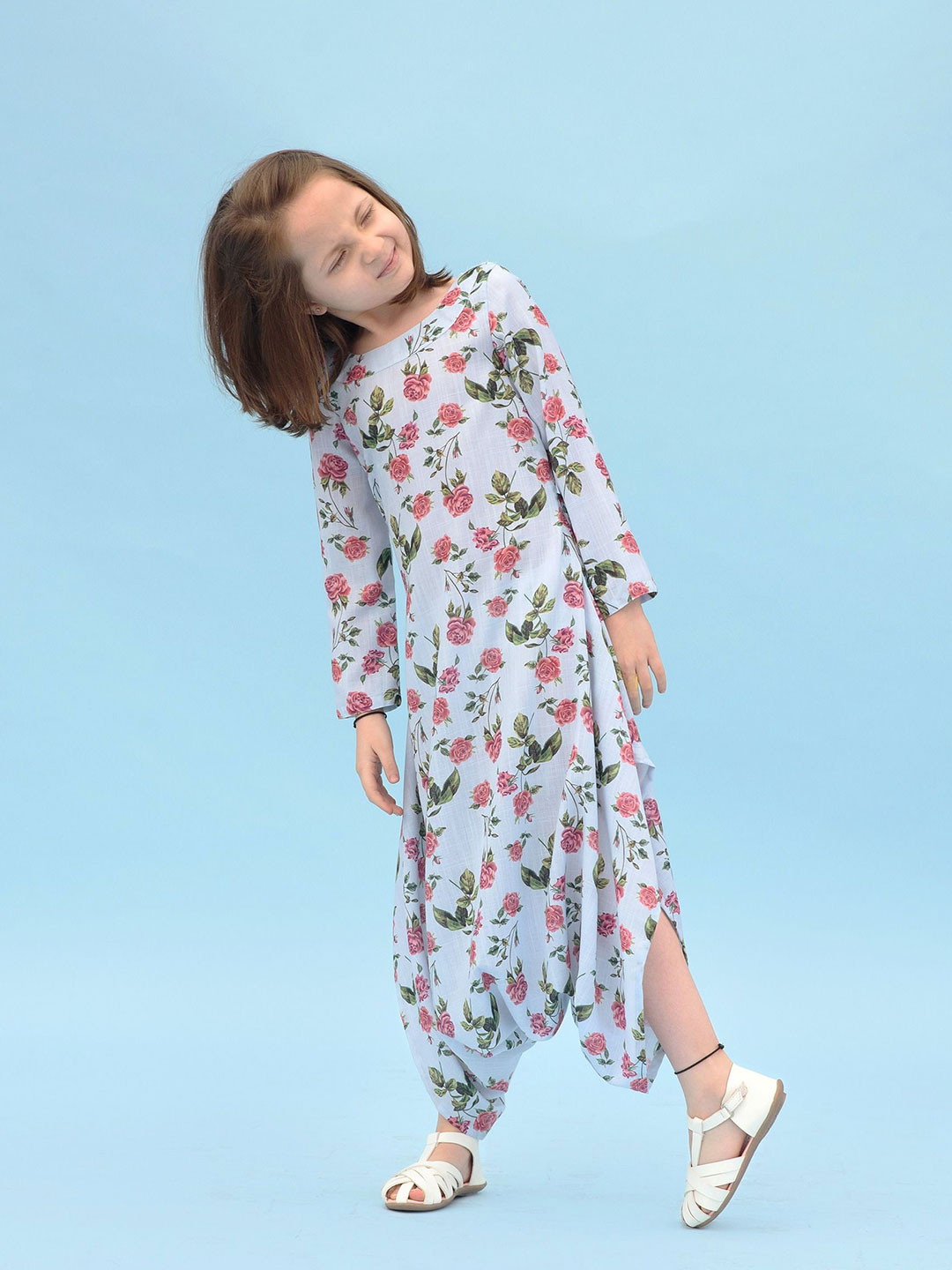 Pasha Girls Printed Iceberg Blue Dhoti Jumpsuit