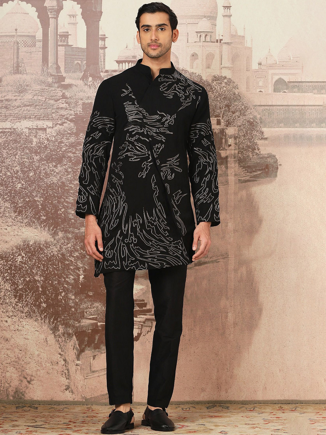 ASUKA Midnight Waves Abstract Embroidered Zari Chanderi Silk Straight Kurta With Trouser