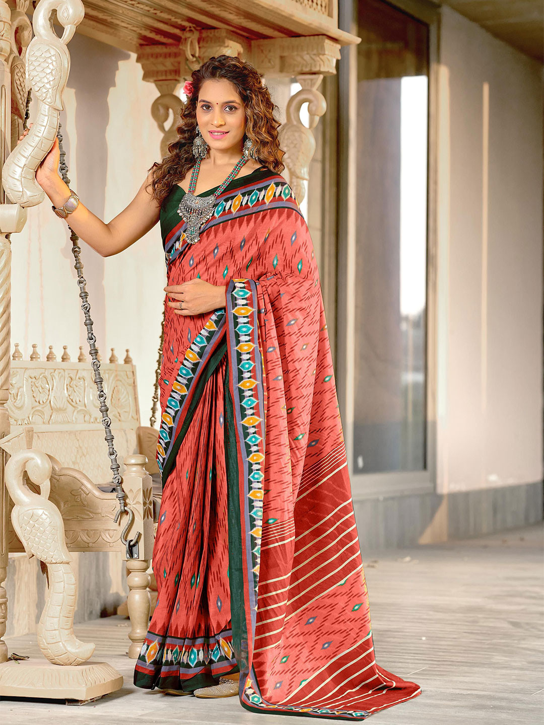 LeeliPeeri Geometric Print Designer Ikat Saree