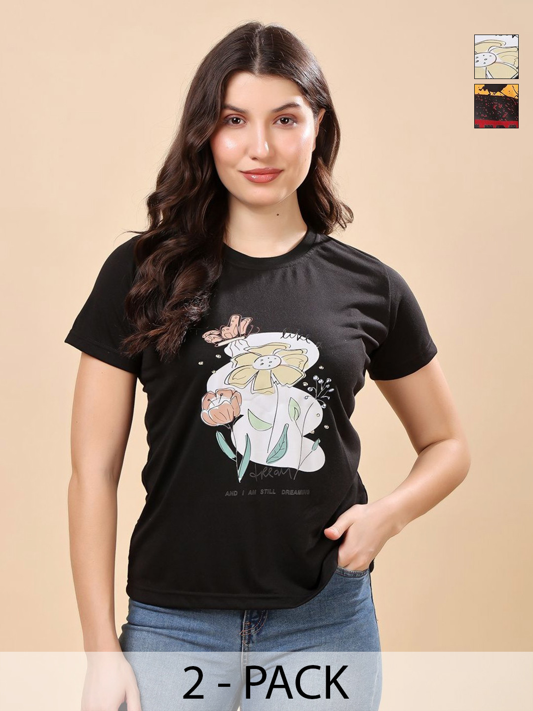 Louis Bayrad Women Pack of 2 Dry Fit Graphic Printed Round Neck Cotton T-shirts