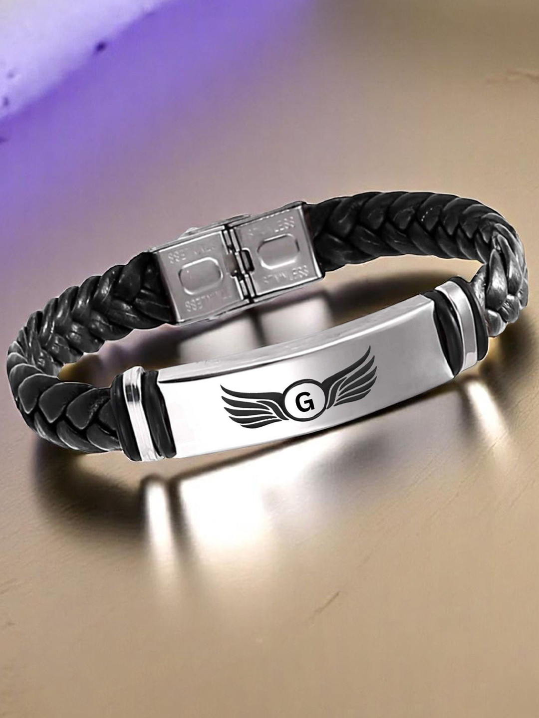M Men Style G Letter Printed Stainless Steel & Braided Leather Wraparound Bracelet
