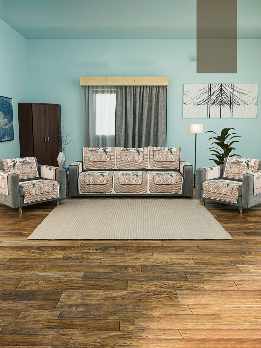 Aura Set of 16 Brown & Brown Premium Velvet Quilted 5 Seater Sofa Cover for with Arms