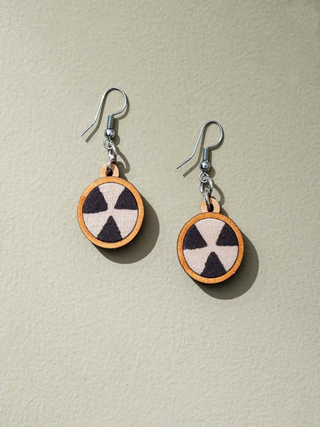 WHE Fabric And Repurposed Wood Circular Shaped Drop Earrings