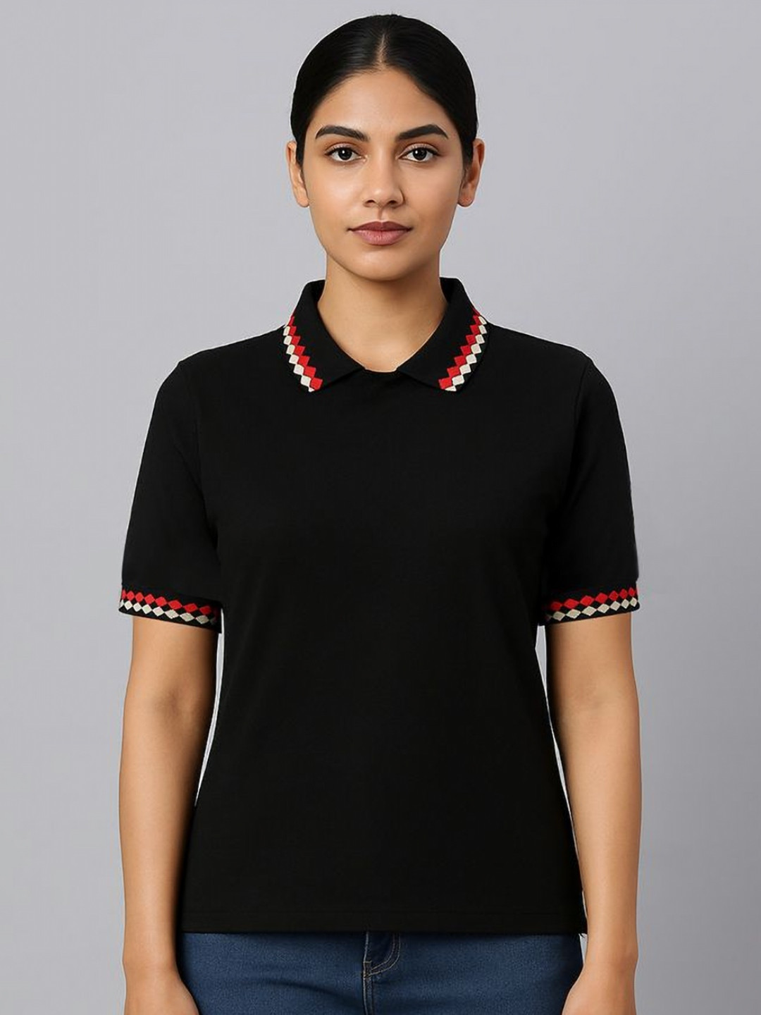 Wear Your Opinion Women No Placket Jacquard Polo Collar T Shirt