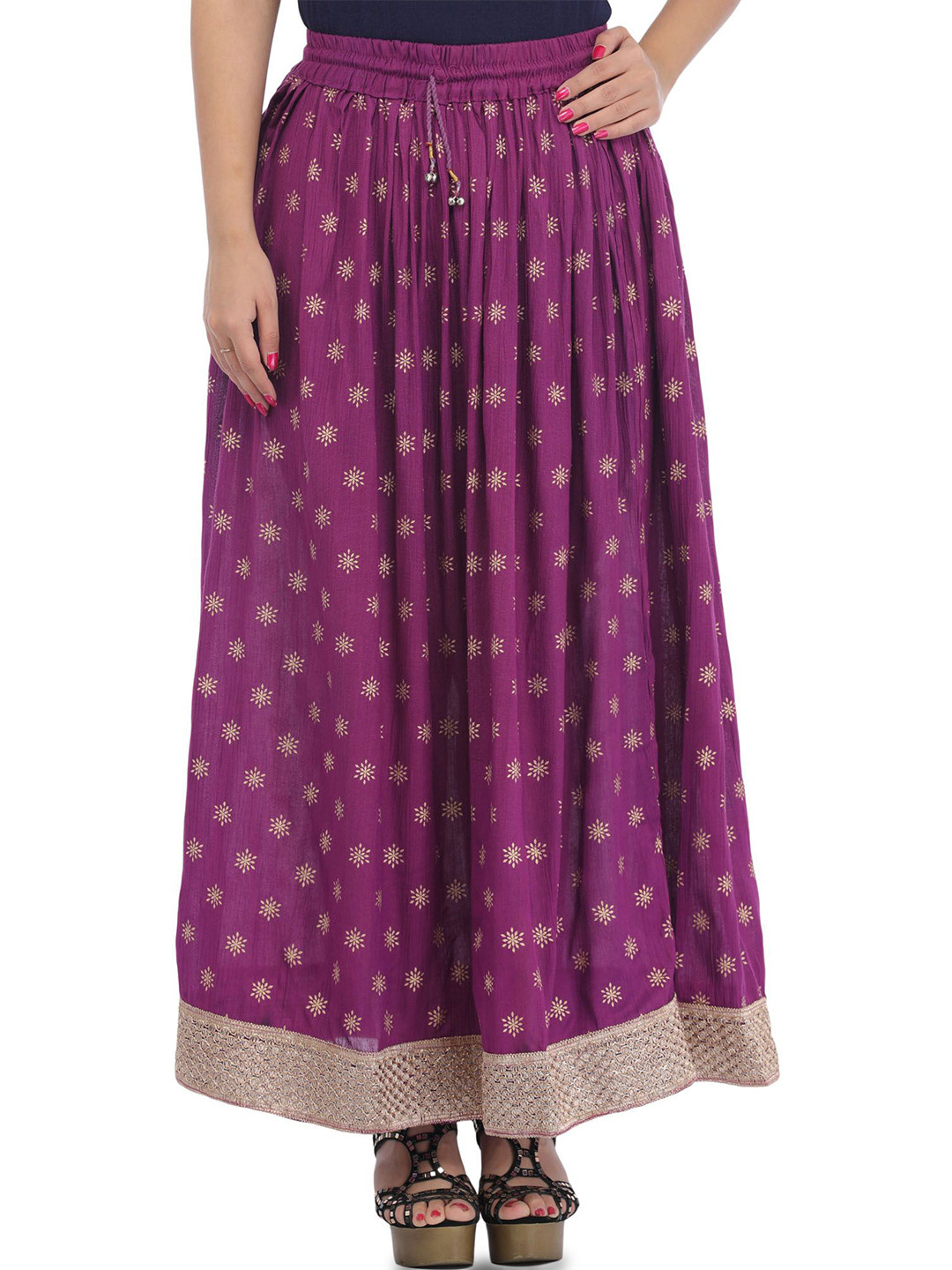 Exotic India Long Skirt With Golden Printed Bootis & Gota Border