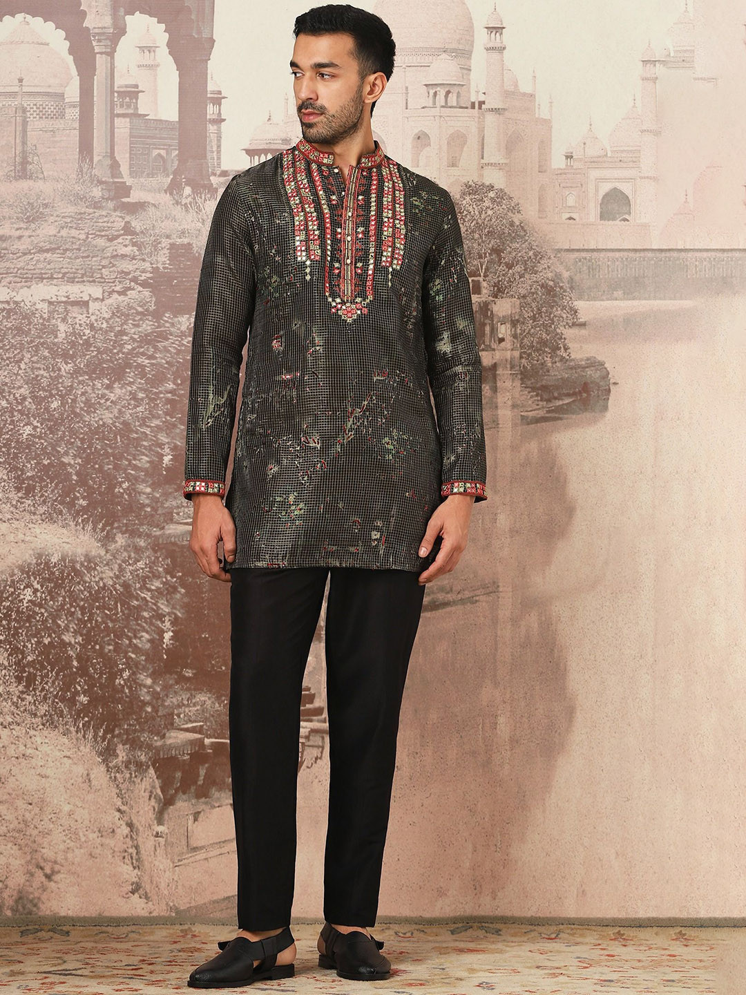 ASUKA Forest Glimmer Checked Mandarin Collar Mirror Work Straight Kurta With Trouser