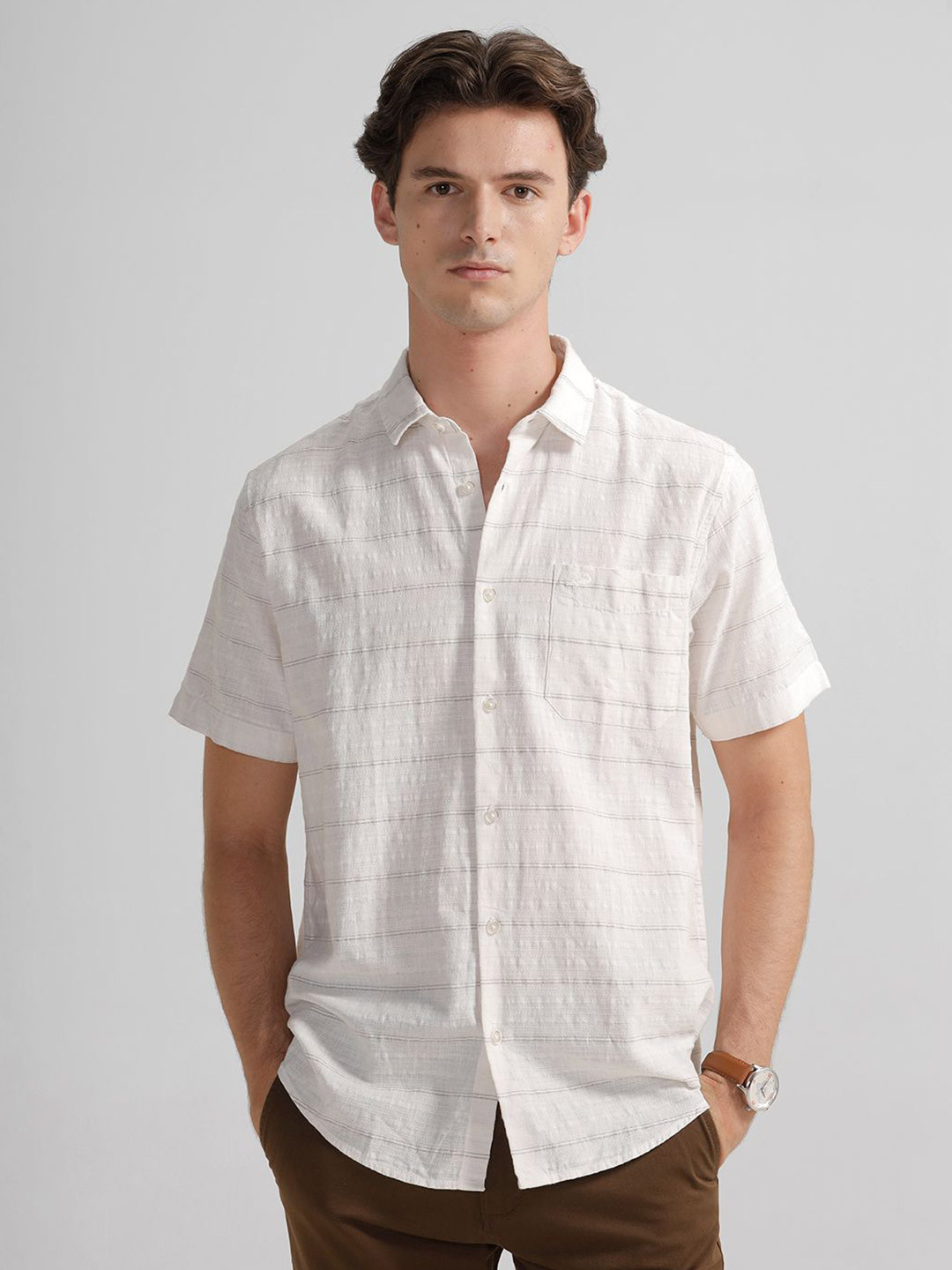 Crocodile Tactile Striped Spread Collar Regular Fit Casual Shirt