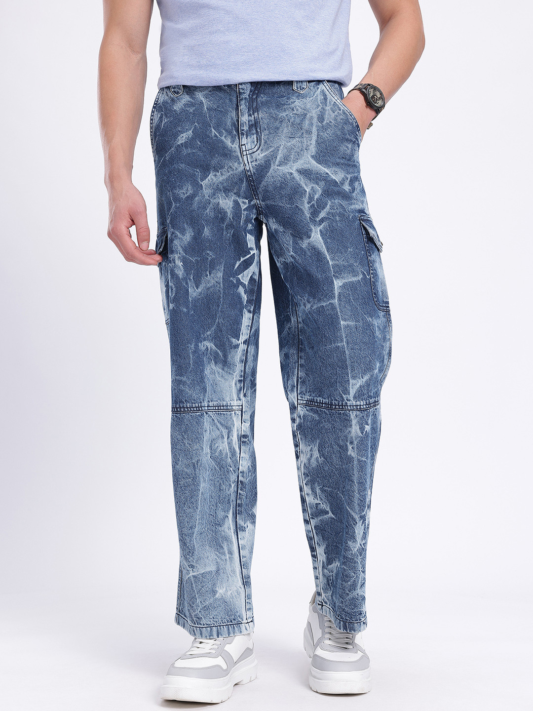 glitchez Men Cargo Crew Acid Wash Baggy Jeans