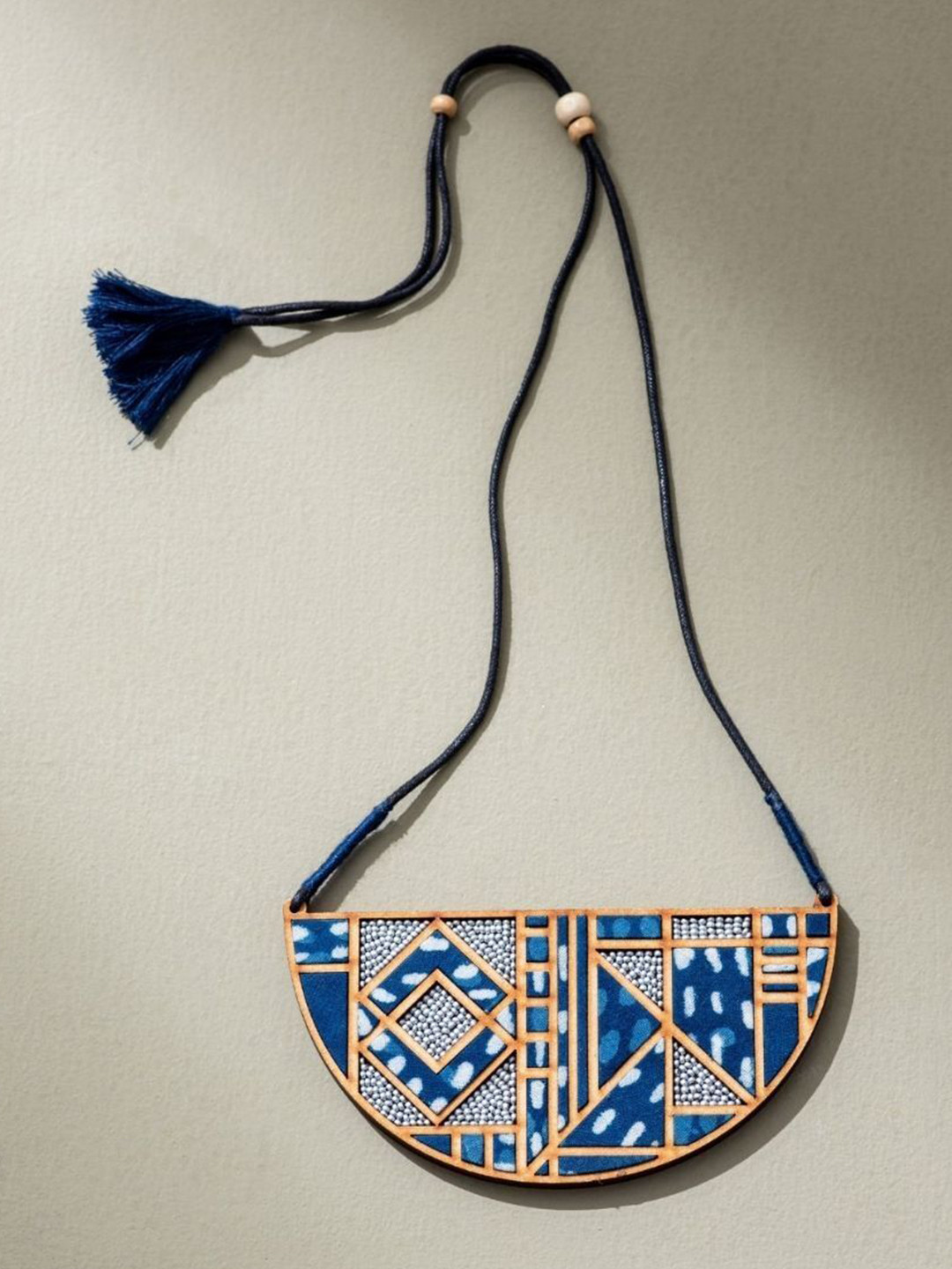WHE Indigo Upcycled Fabric and Repurposed Wood Maze Necklace