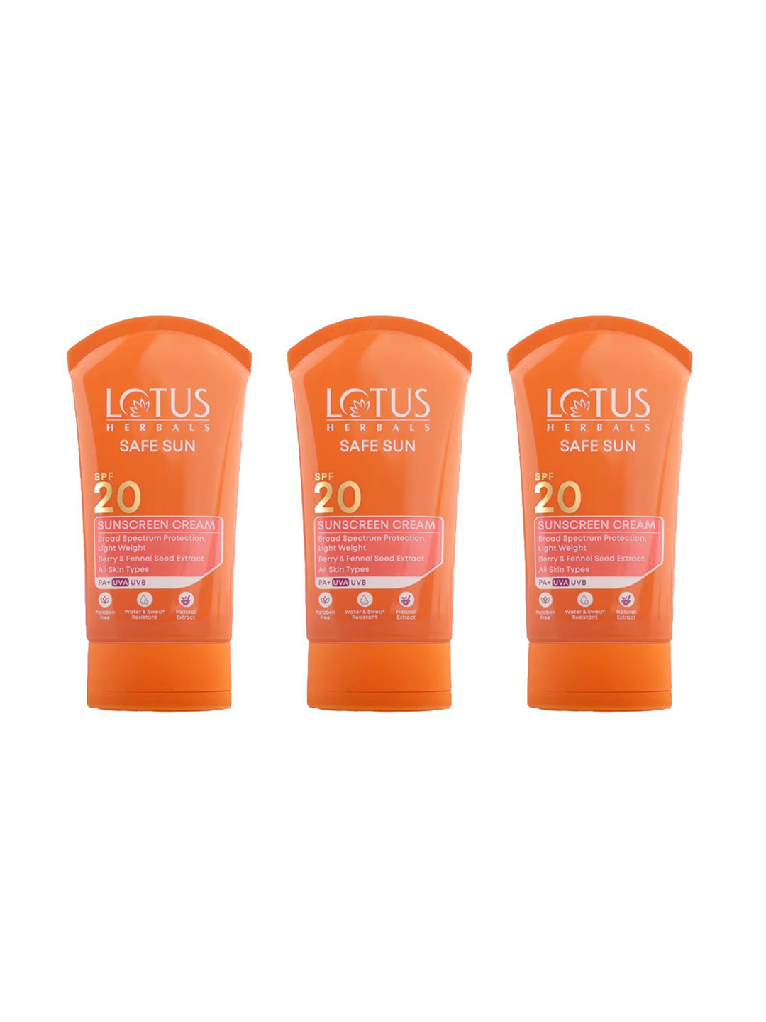 Lotus Herbals Set Of 3 Safe Sun SPF 20 Sunscreen Cream With Berry - 50 g Each